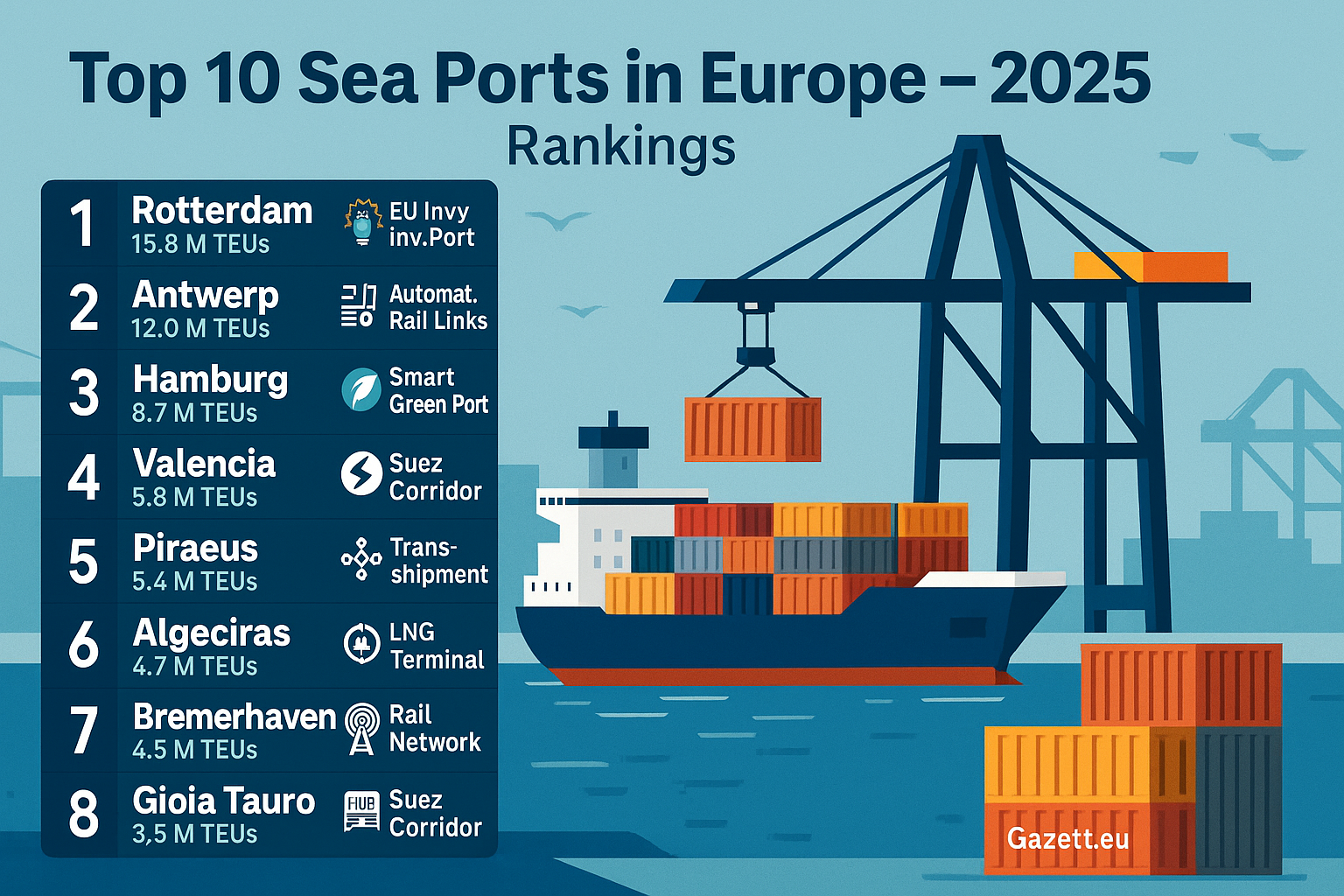 Top European Sea Ports 2025 – Logistics & Score Infographic by Gazett.eu